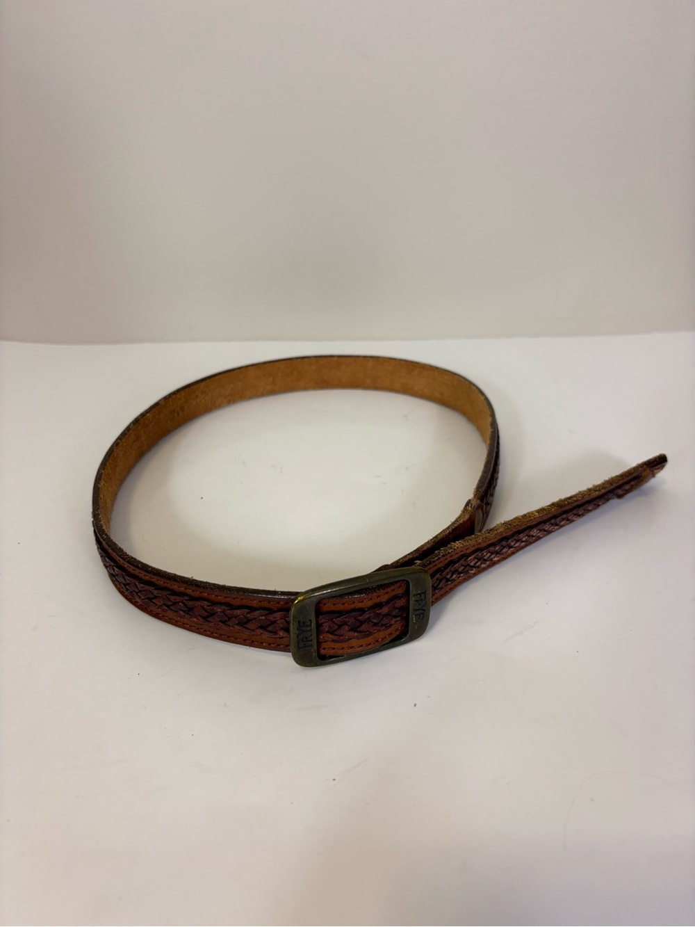 Frye Braided Leather Belt in Brown with Antiqued Buckle 38.5”